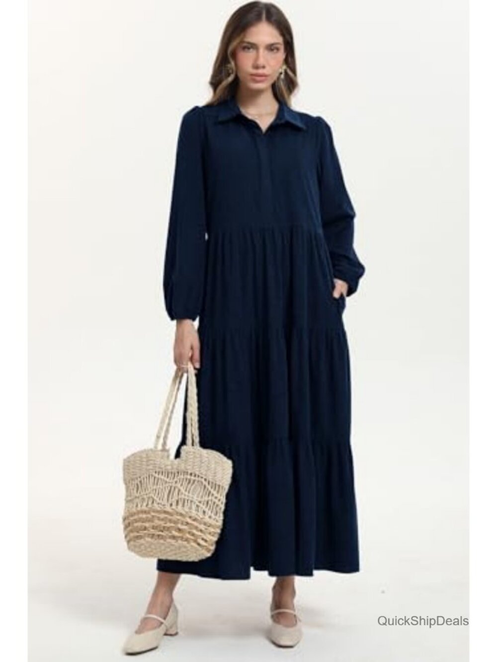 Women's Corduroy Maxi Dress Long Sleeve Button Down Tiered Flowy Fall Winter - Picture 4 of 6